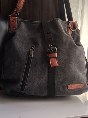 Ledscopic Canvas Tote Bag with Brown Leather Accents - Gray & Brown